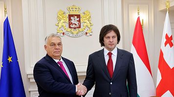 Irakli Kobakhidze (dcha.) y Viktor Orban, se estrechan la mano durante su reunin en Tbilisi, Georgia.