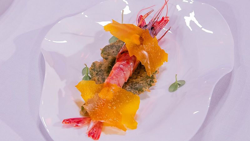 Receta de gamba roja a la plancha con tempura de hoja de borraja de Ana en MasterChef Junior 11