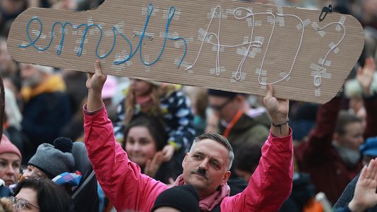 Un manifestante con una barba simulada de Hitler sostiene un cartel que dice "En serio? AfD"