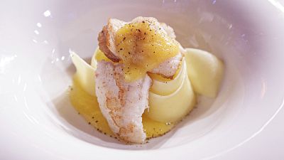 Receta de lenguado con pasta seca, pi�a y mango de Emilio en MasterChef 12+1