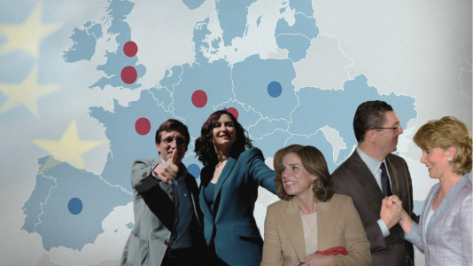 Líderes 'populares' frente a un mapa de Europa que resalta el color político de sus capitales