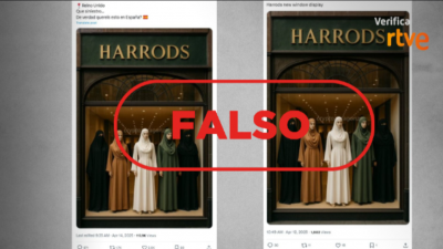 Esta foto de un escaparate de Harrods con maniques con hiyab y niqab es falsa