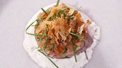 Receta de tartar de trucha con salsa de yogur de Emilio en MasterChef 13