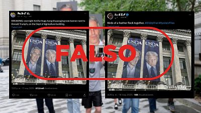 No han colocado una lona de Jeffrey Epstein junto a otra de Trump en un edificio gubernamental de EE. UU.