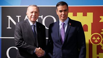 El presidente del Gobierno, Pedro Snchez, saluda a su hmologo turco, Recep Tayyip Erdogan