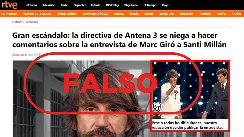 RTVE no ha difundido esta falsa entrevista de Marc Giró a Santi Millán sobre una plataforma financiera de criptomonedas