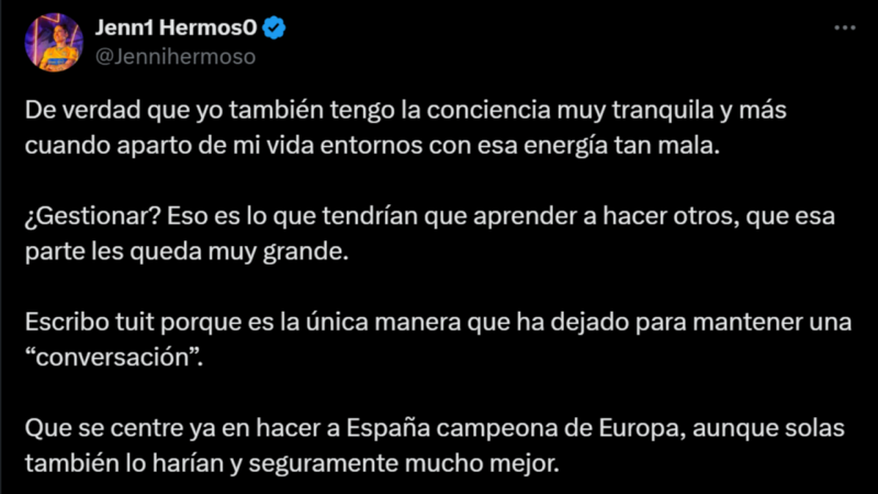 Jenni Hermoso responde a Montse Tom: "Que se centre en hacer a Espaa campeona"