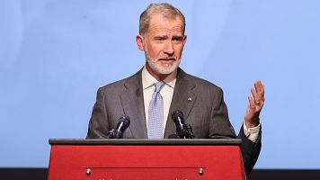 El rey Felipe VI interviene durante el acto de clausura del Curso acadmico 2024/2025 del Colegio de Europa