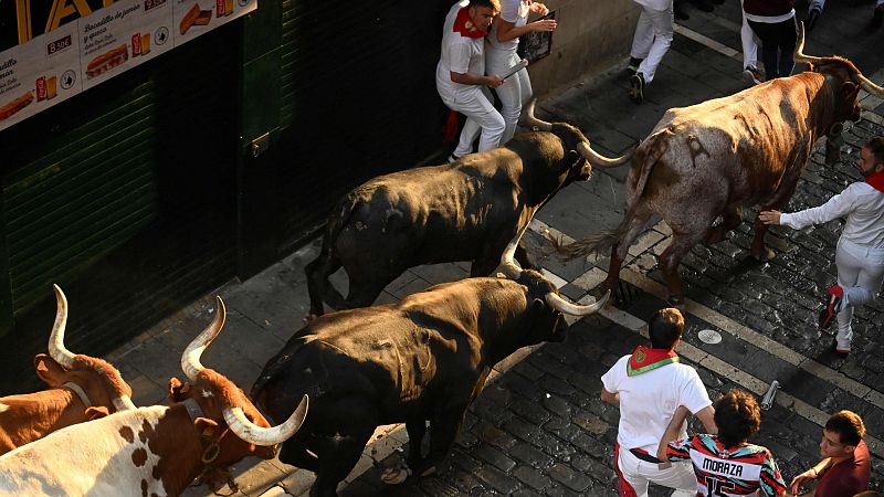 Carreras brillantes con seis toros que corren como uno solo: las fotos ms impactantes del octavo encierro de San Fermn