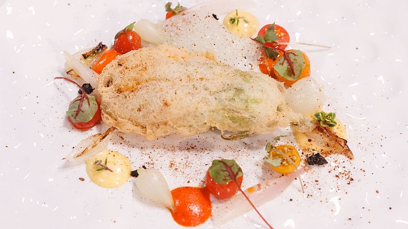 Receta de flor de calabacn rellena de mousse de queso con verduras al horno de Bea en MasterChef 13