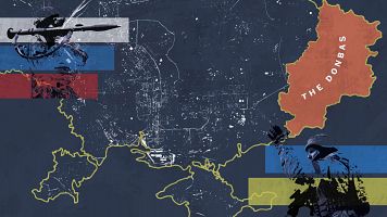 Ilustracin de un mapa de Ucrania con las reas delimitadas que comprenden la regin del Donbs