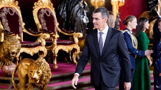 El presidente del Gobierno, Pedro Snchez, durante la recepcin con motivo del da de la Fiesta Nacional en el Palacio Real.