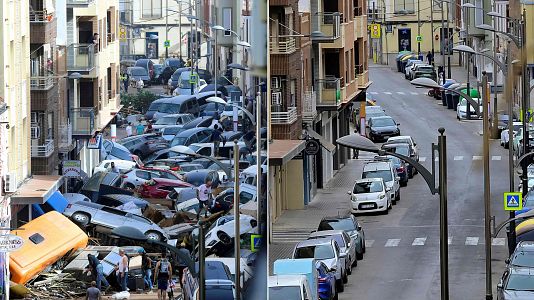 Combo de imgenes de Sedav (Valencia) despus de la dana del 29 de octubre de 2024 y un ao despus