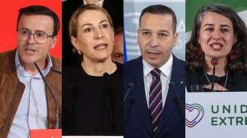Los candidatos del PSOE, Miguel ngel Gallardo; PP, Mara Guardiola; Vox, scar Fernndez Calle, y Unidas por Extremadura, Irene de Miguel, a las elecciones extremeas..