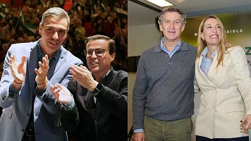 Montaje del l�der del PSOE y el candidato socialista en Extremadura, Miguel �ngel Gallardo, y el l�der del PP y la candidata a la Junta, Mar�a Guardiola