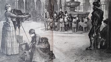 Fot�grafa y su ayudante haciendo foto a fot�grafas y fot�grafos amateurs, "Fot�grafos amateurs en la Alhambra", The Graphic (1890)