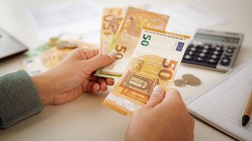 Una mujer contando billetes y planificando el presupuesto del hogar.