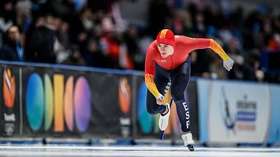 Nil Llop durante su participaci�n en la prueba de 500 metros de los Europeos de patinaje de velocidad disputados en el Arena Lodowa de Tomaszow Mazowieck (Polonia).