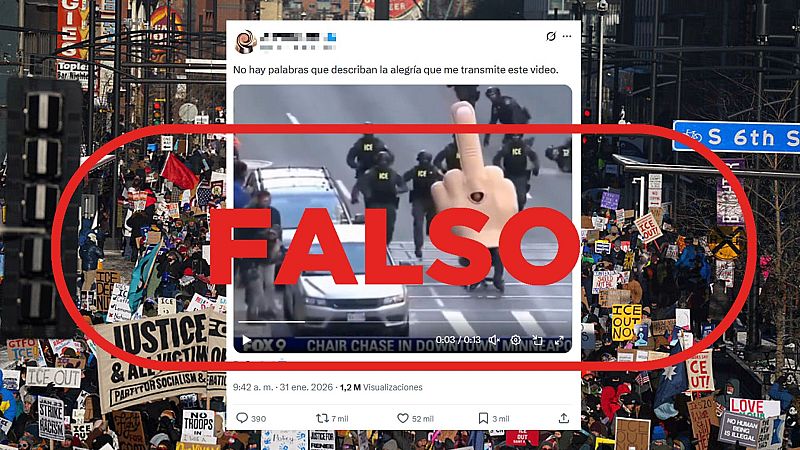 No son agentes del ICE persiguiendo a una persona disfrazada de una mano haciendo una peineta, es IA