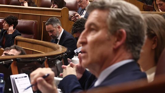El presidente del Partido Popular, Alberto N��ez Feijo� (d), y el presidente de Vox, Santiago Abascal (i), en una sesi�n de control al Gobierno , en el Congreso de los Diputados, a 11 de febrero de 2026, en Madrid (Espa�a).