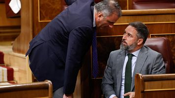 El l�der de Vox, Santiago Abascal (d) conversa con el portavoz del partido en el Ayuntamiento de Madrid, Javier Ortega Smith (i) en octubre de 2022 en el Congreso de los Diputados