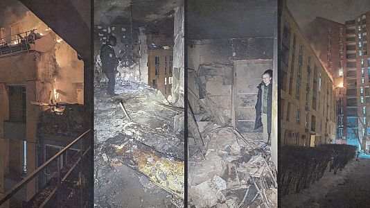 Kuzhelnyi Kostiantyn en el interior del edificio donde vive tras el impacto directo de un dron ruso.