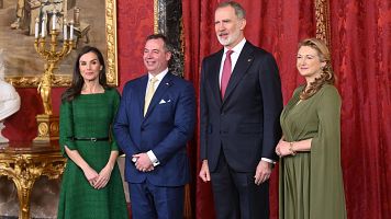 2026-03-05 La Reina Letizia, Guillermo V de Luxemburgo, el Rey Felipe VI y St�phanie de Lannoy durante la recepci�n celebrada antes del almuerzo celebrado en el Palacio Real, a 05 de marzo de 2026