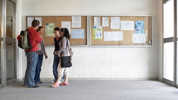 Varios estudiantes charlan en la universidad.
