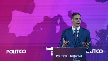 El presidente del Gobierno, Pedro S�nchez, interviene durante el European Pulse Forum en Barcelona.