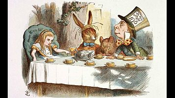 Ilustraci�n de sir John Tenniel para 'Una merienda de locos', con Alicia, la Liebre, el Lir�n y el Sombrerero Loco