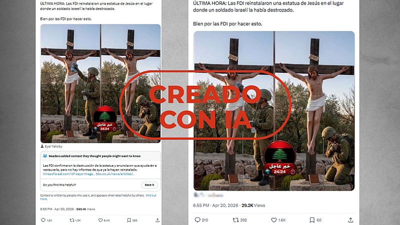 No es un militar israelí reinstalando la estatua de Cristo destrozada en Líbano, son fotos creadas con IA