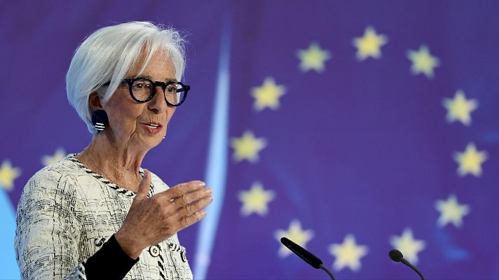 La presidenta del Banco Central Europeo, Christine Lagarde, en la rueda de prensa posterior a la reuni�n que ha mantenido el organismo este jueves