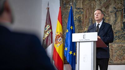 El presidente de Castilla-La Mancha, Emiliano Garc�a-Page, durante la presentaci�n en el Palacio de Fuensalida del Plan de Acci�n por la Vivienda 2026-2030.
