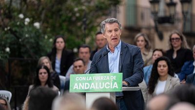 El presidente del PP, Alberto N��ez Feij�o, en un mitin en la campa�a electoral andaluza.