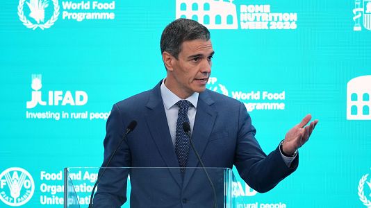 El presidente del Gobierno, Pedro S�nchez, interviene este martes en un acto de la FAO en Roma.