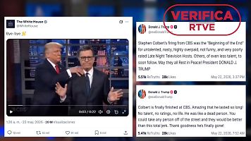 A la izquierda, la cuenta oficial de la Casa Blanca comparte el v�deo generado con IA de Trump y Colbert. A la derecha, mensajes en Truth Social de Donald Trump