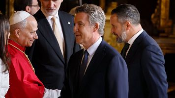 Los l�deres del PP y VOX, Alberto N��ez Feij�o, y Santiago Abascal, saludan al papa Le�n XIV durante el tradicional besamanos que ha tenido lugar en el Sal�n del Trono del Palacio Real.