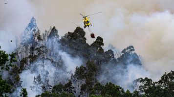 Un helic�ptero trabaja en el incendo forestal en la localidad asturiana de Pe�aflor (Grado), este s�bado.