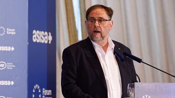El presidente de ERC, Oriol Junqueras, durante su intervenci�n en el desayuno informativo de F�rum Europa este viernes en Madrid