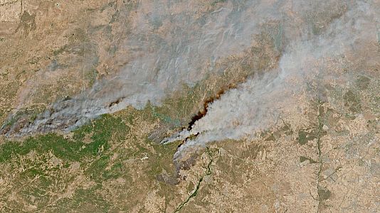 Los bomberos contin�an con los trabajos para controlar los incendios que asolan Madrid y �vila