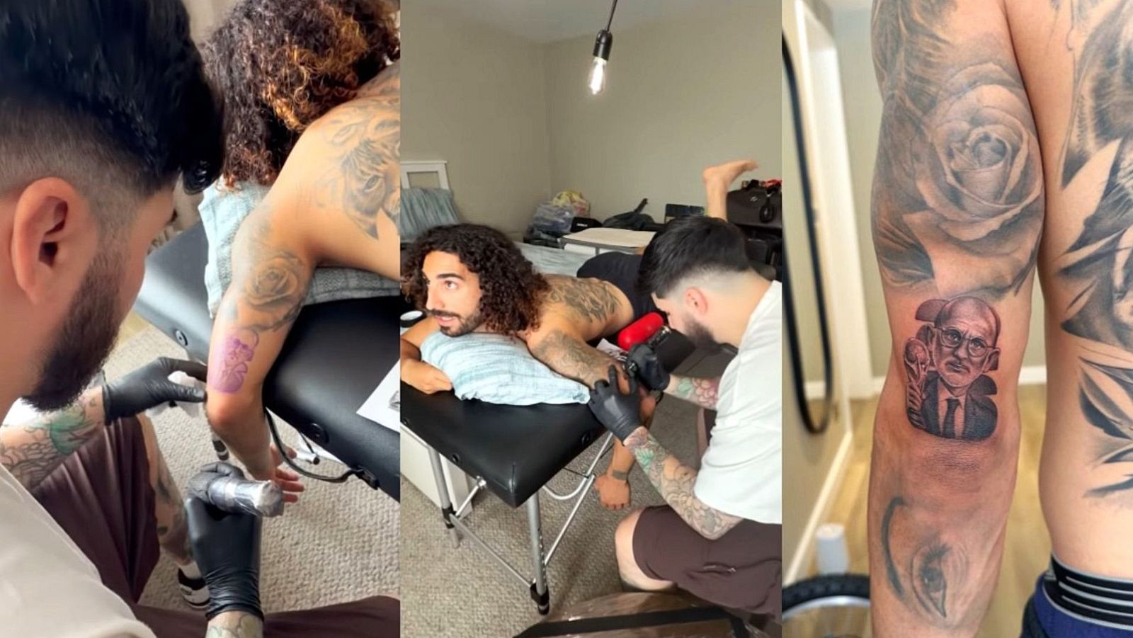 Tríptico del tatuaje de Luis de la Fuente en el brazo de Marc Cucurella, mostrando el proceso desde el inicio hasta el resultado final.