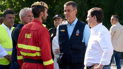 El presidente del Gobierno, Pedro S�nchez, el presidente de la Junta de Castilla y Le�n, Alfonso Fern�ndez Ma�ueco y el delegado del Gobierno en esta comunidad, Nicanor Sen, conversan con un miembro de la Unidad Militar de Emergencias (UME).