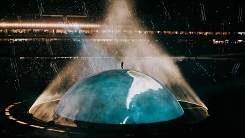 El rapero estadounidense Kanye West, en un concierto este jueves en Madrid