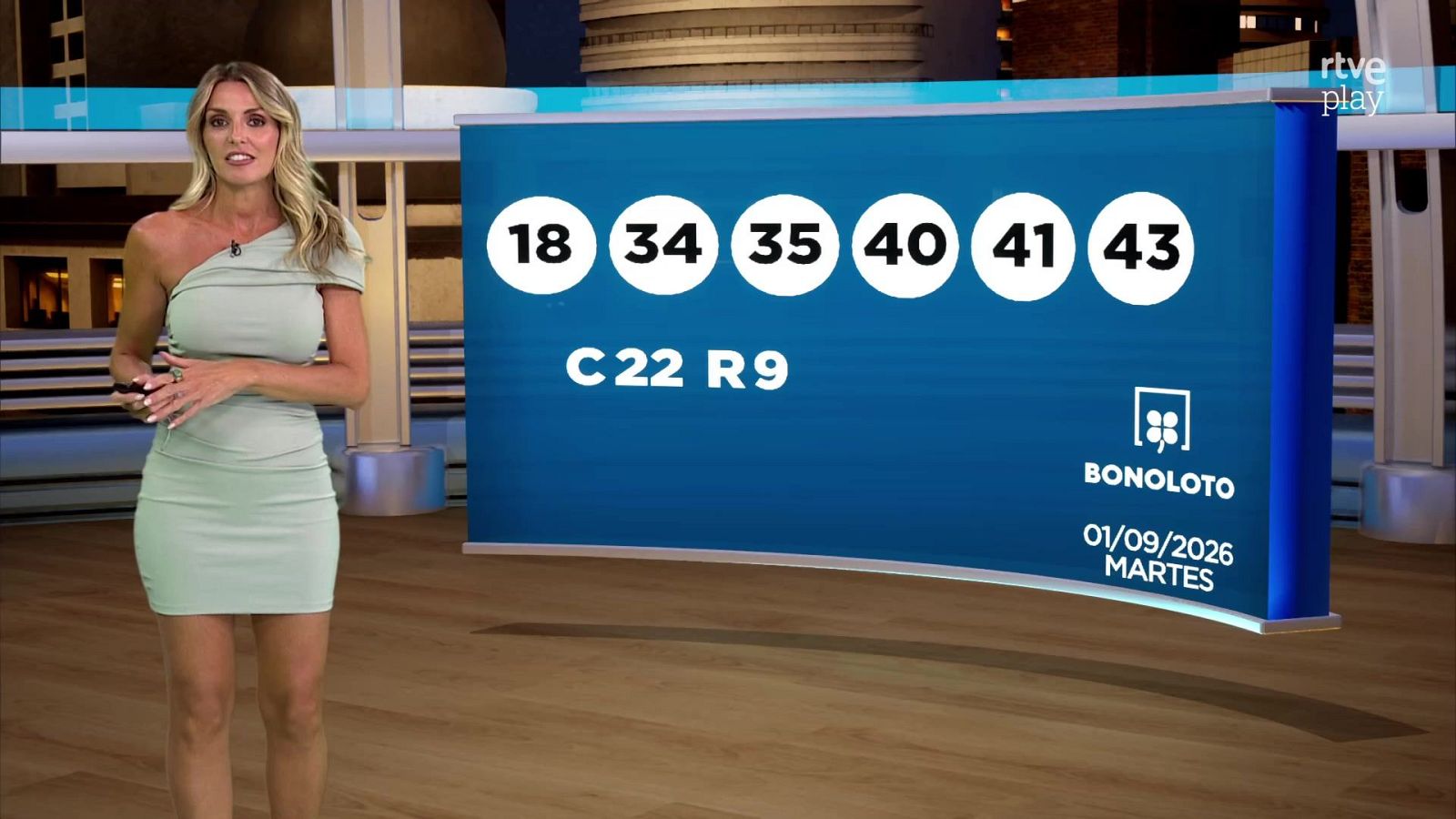 Sandra Daviú presenta los números ganadores del sorteo de Bonoloto: 18, 34, 35, 40, 41, 43, con complementario C22 y reintegro R9, el 01/09/2026.