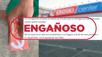 Imagen y mensaje que difunde una tarjeta monedero de Eroski y dice que las dan a inmigrantes y no a espa�oles, con sello enga�oso