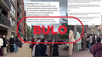 Mensajes que difunden la falsa idea de que el v�deo muestra a musulmanas haciendo cola en una guarder�a gratuita, con el sello Bulo