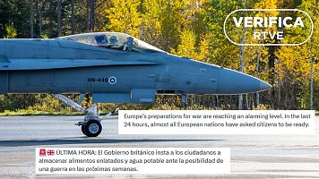 Mensajes de redes que hablan de preparativos de guerra en Europa con la imagen de un caza en Finlandia de fondo