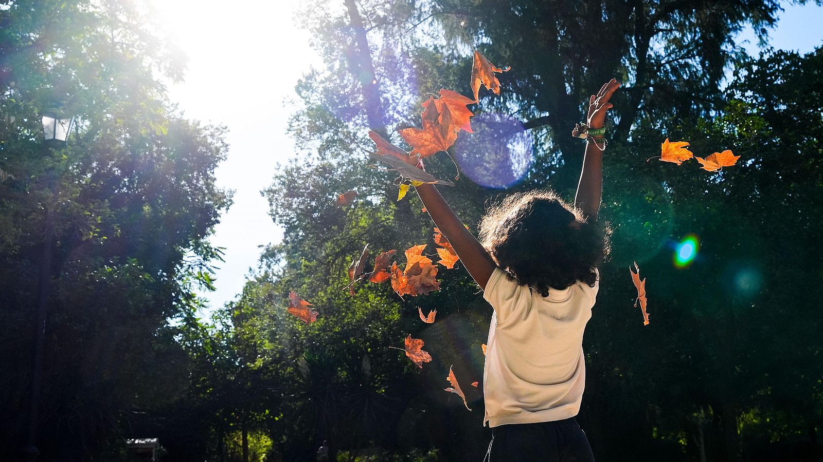 Un niño juega con las hojas caídas al inicio del otoño en un parque de Sevilla