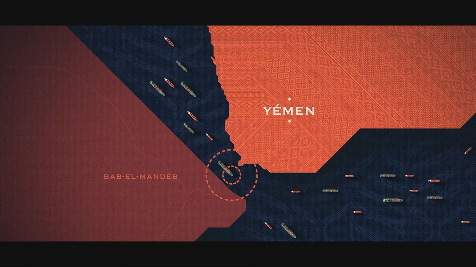 Mapa ilustrado del estrecho de Bab-el-Mandeb con barcos de carga en un canal azul y los textos "YÉMEN" y "BAB-EL-MANDEB", destacando un barco bajo un punto de mira circular rojo.