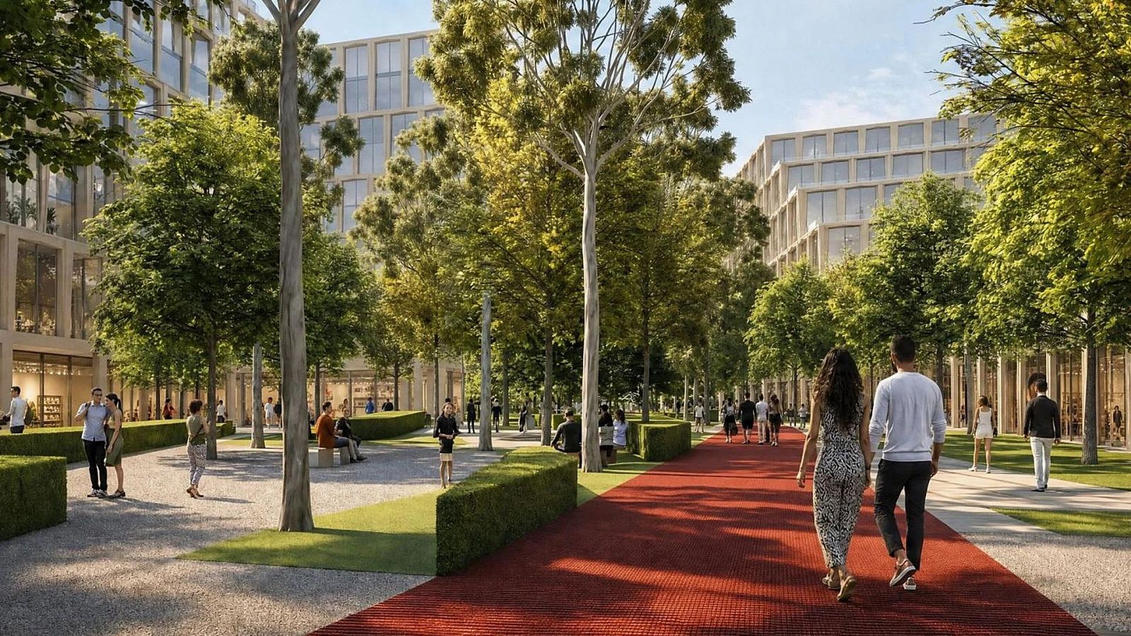 Recreación 3D de una avenida peatonal moderna con edificios residenciales, zonas verdes, árboles y transeúntes disfrutando del espacio al aire libre.
